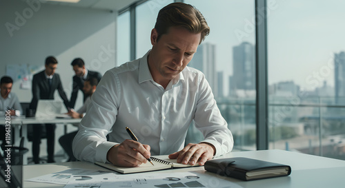 Focused Businessman Writing Notes in Modern Office City View