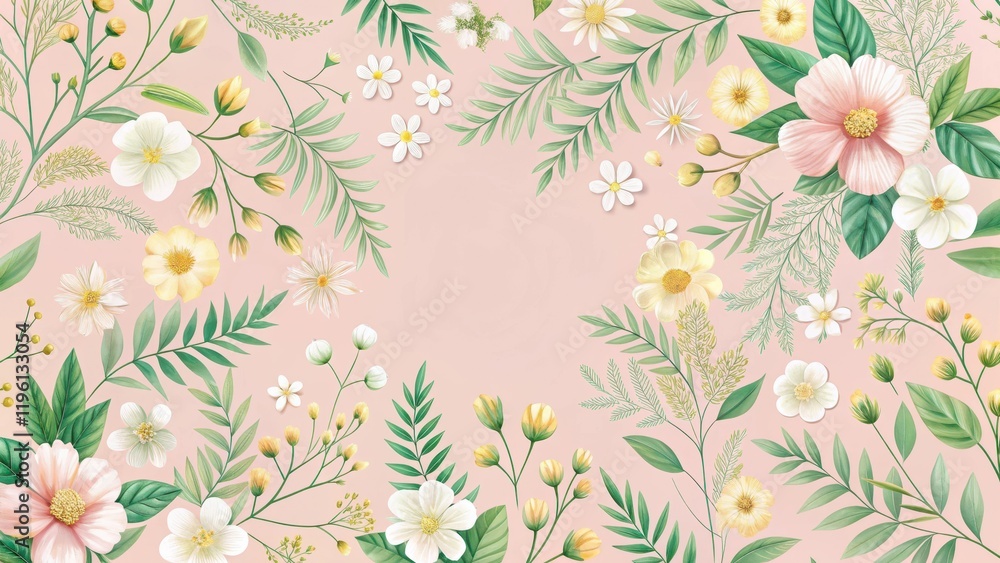 custom made wallpaper toronto digitalSoft pastel pink floral background with delicate white and yellow flowers scattered across a subtle green foliage, floral patterns, botanicals