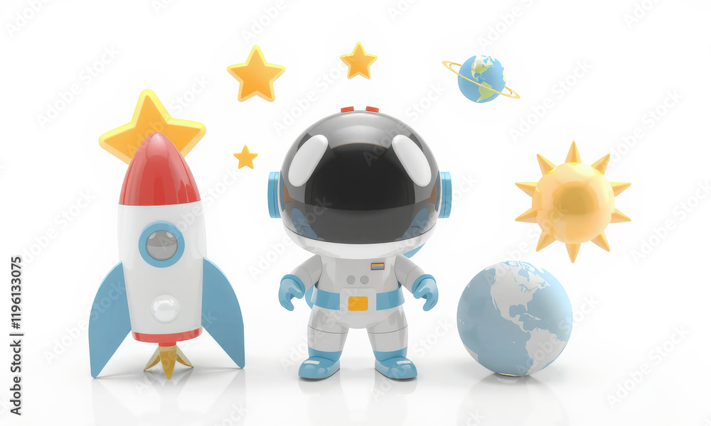Obraz premium playful astronaut stands beside colorful rocket, planet, and stars, evoking sense of adventure and exploration in space