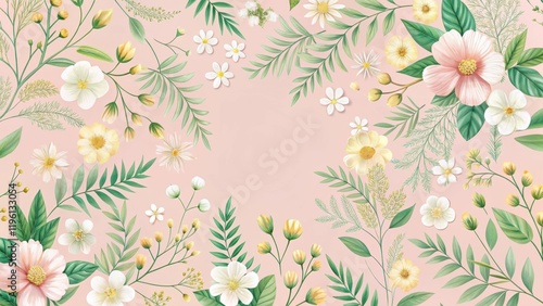 Wallpaper Mural Soft pastel pink floral background with delicate white and yellow flowers scattered across a subtle green foliage, floral patterns, botanicals Torontodigital.ca