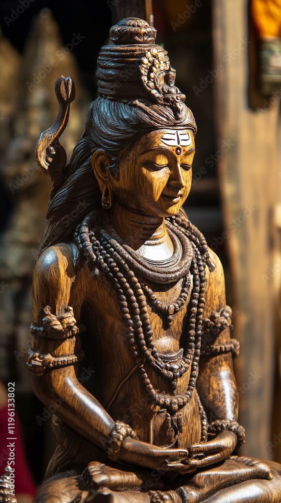 Obraz premium Close-up of a serene wooden Shiva statue in a meditative pose, adorned with intricate details and a sacred third eye.