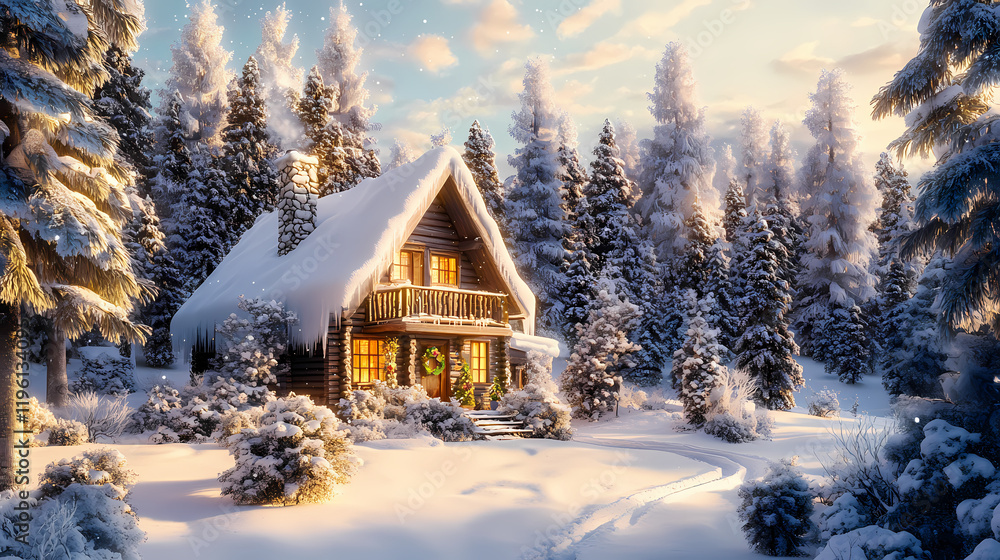 Naklejka premium A cozy winter chalet tucked in a snowy forest, with snow-laden trees all around, forming a tranquil and picturesque winter scene. Windspire. Illustration