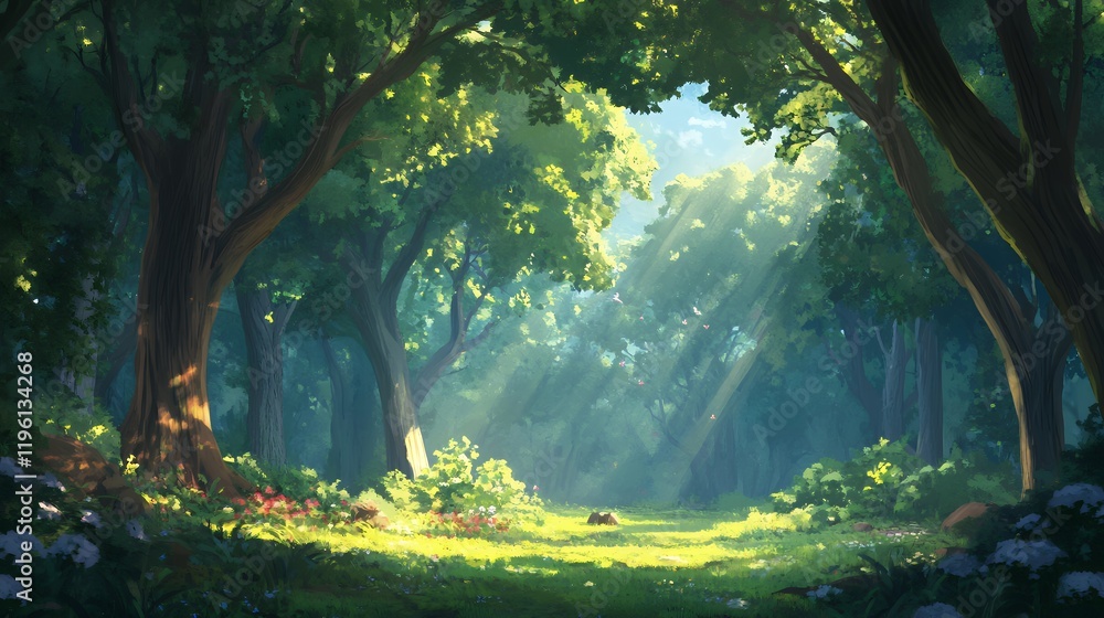 Sunlit Forest Path Digital Art Peaceful Nature Scene