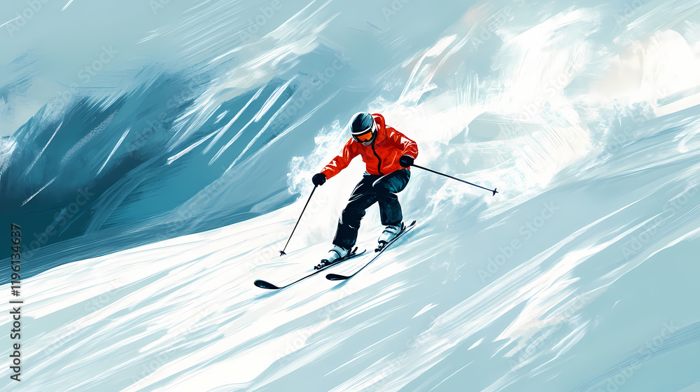 A skier in motion, descending a snow-covered slope. Windspire. Illustration A skier in motion, descending a snow-covered slope. Windspire. Illustration
