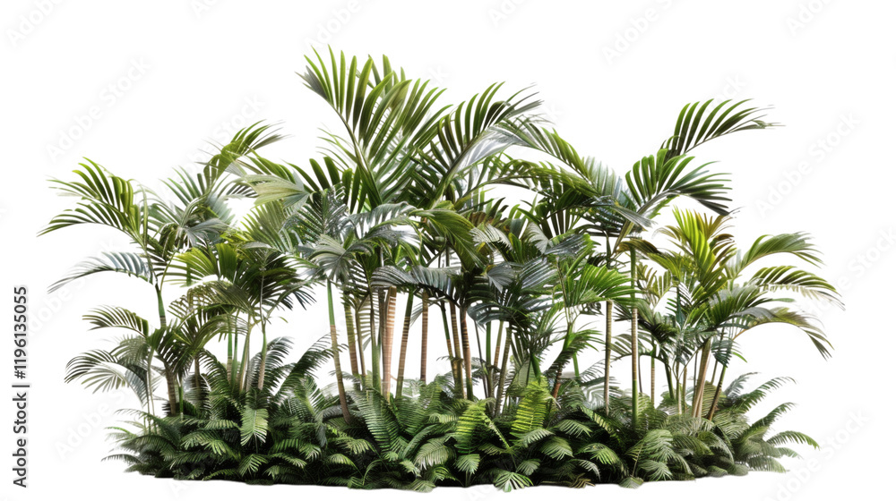 Fototapeta premium Group of tropical palm trees with detailed foliage, isolated on white background