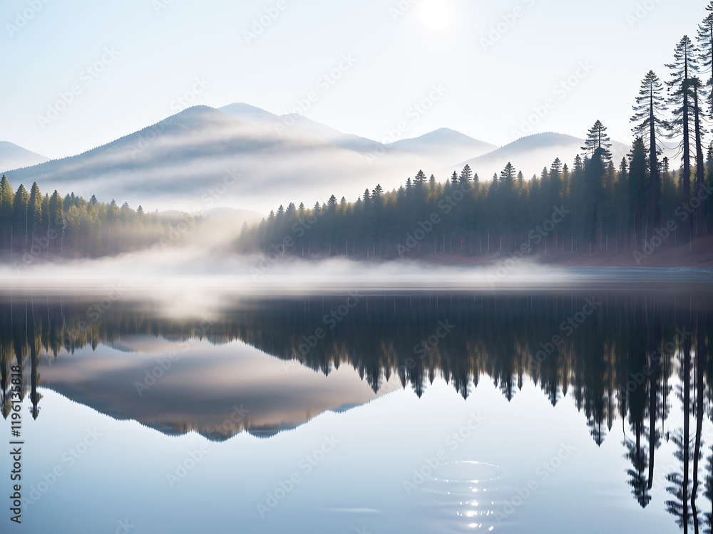 Surrounded by mountains, the lake surface is like a mirror, and the sunlight shines warm golden light through the mist Surrounded by mountains, the lake surface is like a mirror, and the sunlight shines warm golden light through the mist