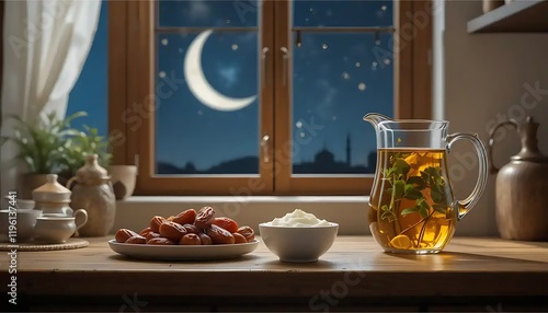 Serene Night: Dates, Cream, and Herbal Tea by Window