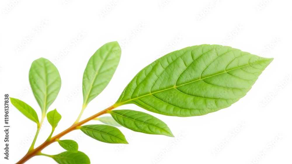 Fresh green leaf on a white background, showing intricate veins and a smooth texture, growth, environmental, white background Fresh green leaf on a white background, showing intricate veins and a smooth texture, growth, environmental, white background