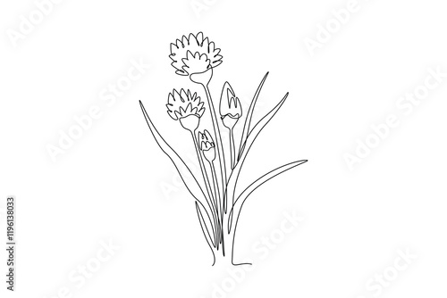 Continuous one line drawing beauty fresh allium tuberosum for home wallpaper decoration poster art print. Decorative oriental garlic chives flower. Single line draw design vector graphic illustration