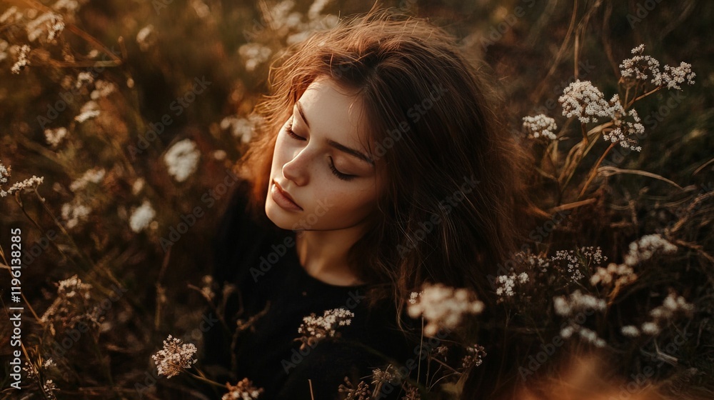 Beautiful woman with eyes closed surrounded by wildflowers in a field at sunset Beautiful woman with eyes closed surrounded by wildflowers in a field at sunset