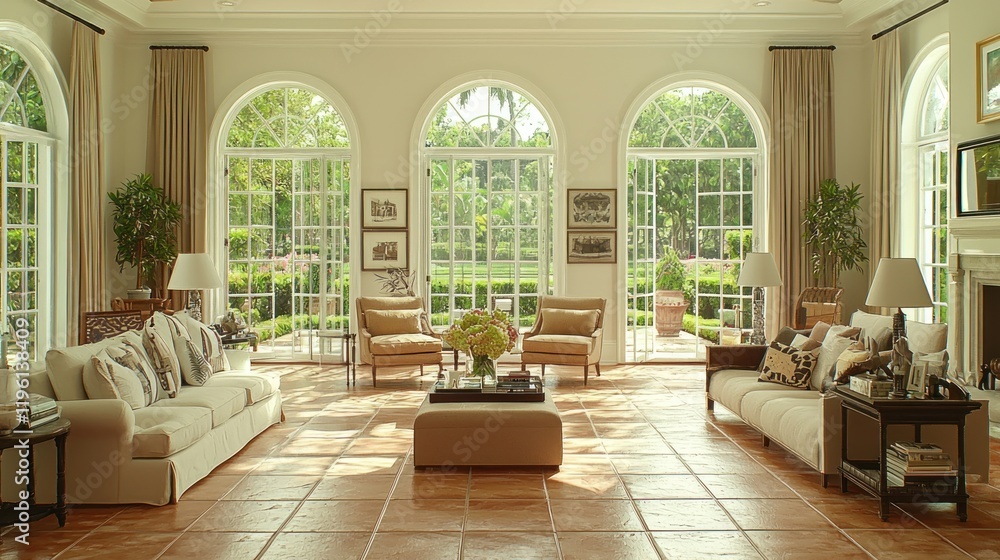 Fototapeta premium Bright, elegant living room with large windows and comfortable seating.