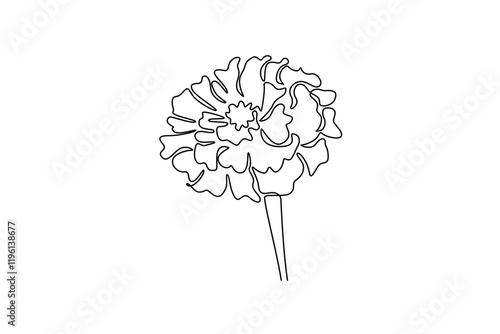 Single continuous line drawing beauty fresh calendula for home wall decor poster. Printable decorative marigold flower greeting card ornament. Dynamic one line draw graphic design vector illustration