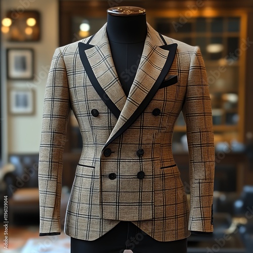 Beige double-breasted plaid blazer with black satin lapels. photo