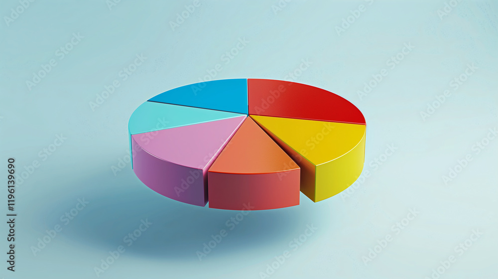 Obraz premium Floating colorful pie chart representing data segments on a minimalist blue background