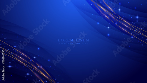 Blue elegant background with dynamic golden curves, shining stars, and sparkling light effects
