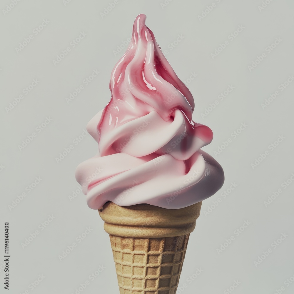 Pink strawberry soft serve ice cream cone.