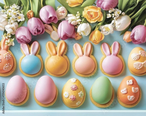 Colorful Easter cookies shaped like bunnies and eggs, decorated with flowers, arranged alongside vibrant tulips, creating a festive spring display. photo