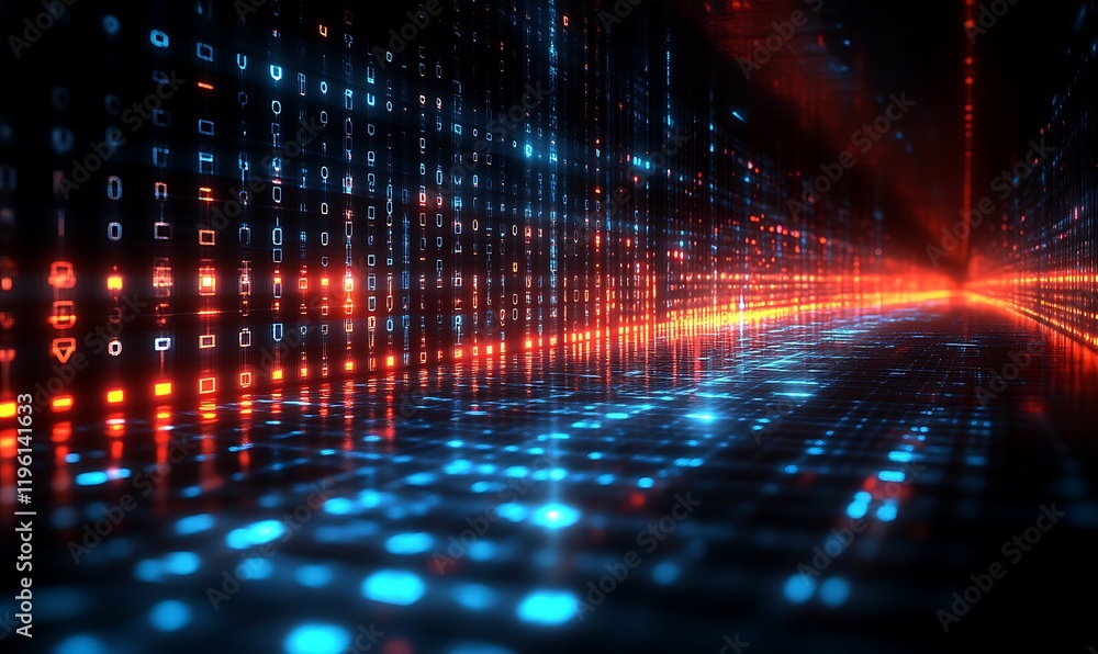 Fototapeta premium Futuristic digital tunnel with glowing binary code.