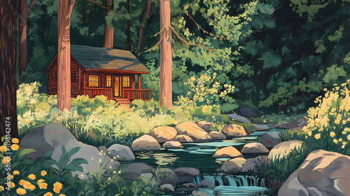 Serene forest hideaway: cozy cabins, babbling brook, birdsong retreat. Shadowsong. Illustration