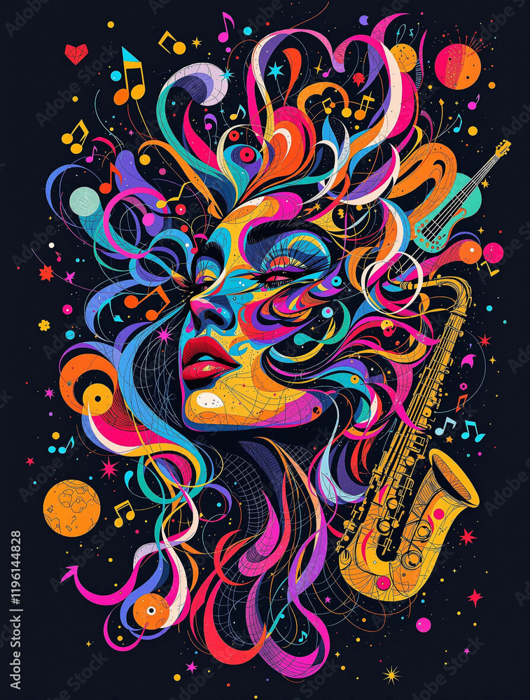 Fototapeta premium Abstract Jazz Concert Poster with Multicolored Woman's Face and Musical Elements. Artsy promo flyer or invitation. Colorful part woman go. Design for wall art, art prints, posters, and cards
