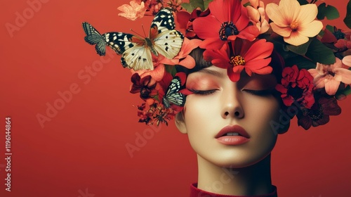 Wallpaper Mural A woman with a red floral crown and butterflies, set against a bold red background Torontodigital.ca