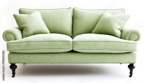 Light green fabric sofa with rolled arms and turned legs, two pillows. photo