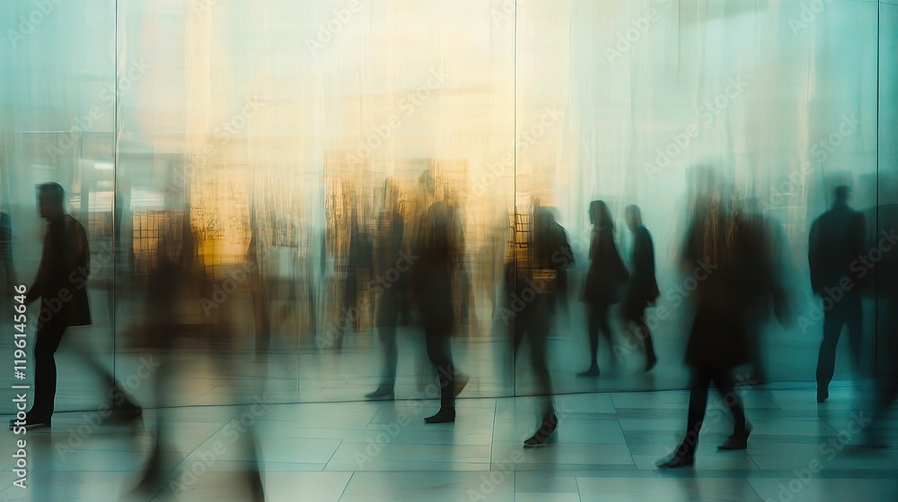 Blurred Office Scene with People Working Behind Glass Panels Blurred Office Scene with People Working Behind Glass Panels