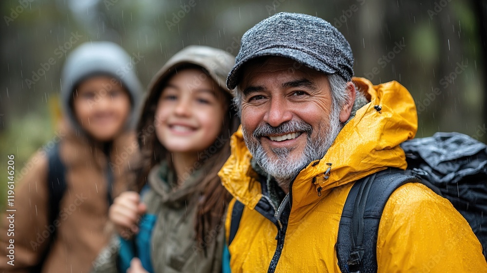 A smiling group of three people enjoying a rainy outdoor adventure in nature. A smiling group of three people enjoying a rainy outdoor adventure in nature.