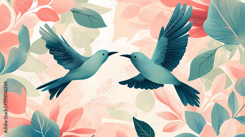 Nature serenade a calming and soothing pattern with elements like birds, leaves, and soft colors vector art ai generated. Shadowsong. Illustration photo