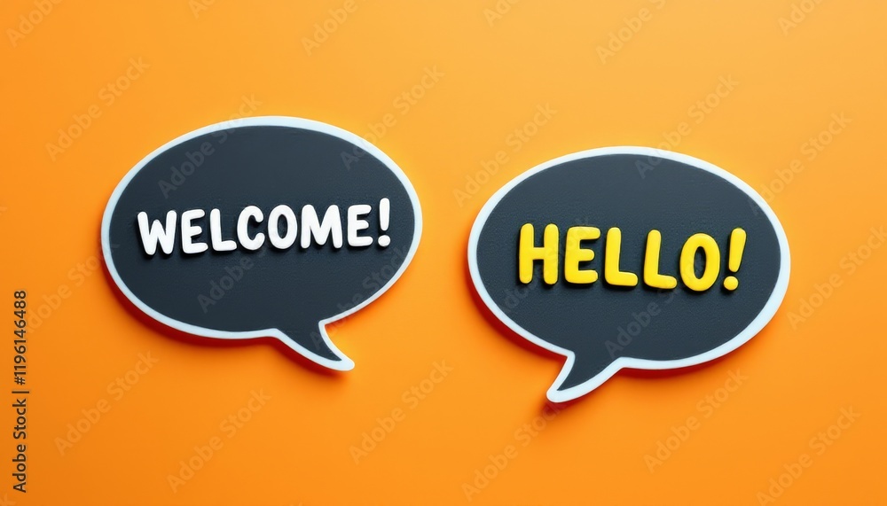 Two speech bubbles with welcoming messages on a bright orange background design Two speech bubbles with welcoming messages on a bright orange background design