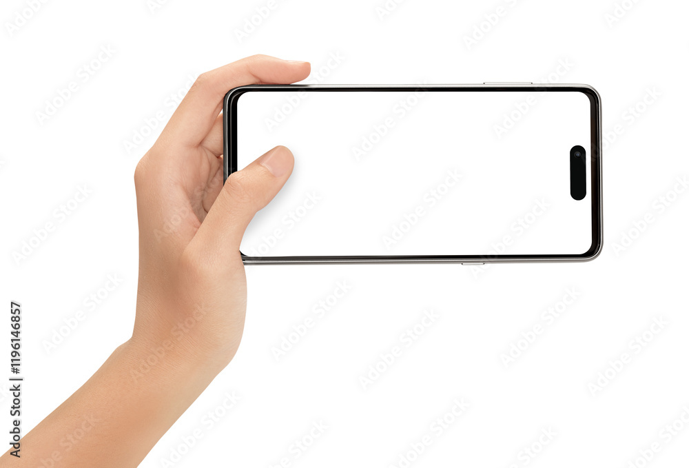 Fototapeta premium hand holding smartphone mockup horizontally isolated on background