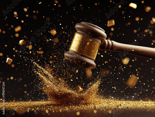 close up of auction hammer striking surface, creating burst of golden particles. scene conveys excitement and anticipation