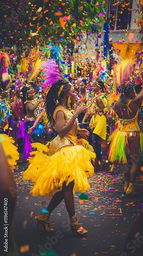 Woman in yellow carnival costume dancing in a vibrant parade.
