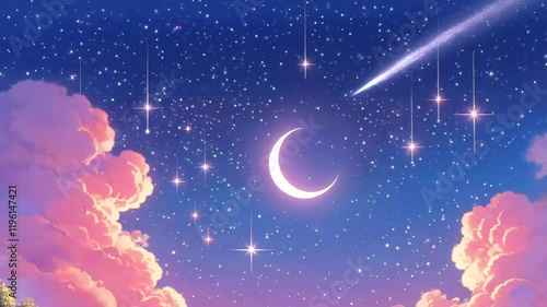 Dreamy Night Scene Animation of White Cat Staring at Crescent Moon and Starry Sky with Bicycle, Flower Pot, and Serene Cloudscape