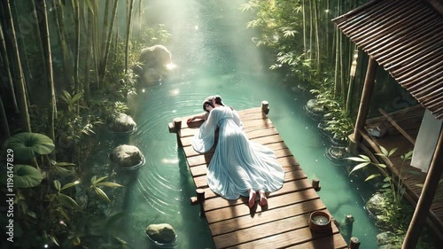 Tranquil Animation of Woman in Flowing White Dress Resting on Wooden Dock with Glowing Pond, Bamboo, Lanterns, and Magical Atmosphere