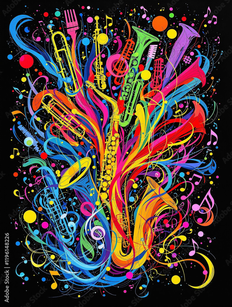 Fototapeta Abstract Jazz Music Session Poster with Vibrant Hand-Drawn Elements. Artsy promo flyer or invitation. Colorful part woman go. Design for wall art, art prints, posters, and cards