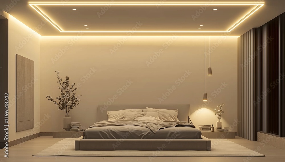 Bedroom 3D visualization with neutral tones and contemporary ceiling design. Bedroom 3D visualization with neutral tones and contemporary ceiling design.