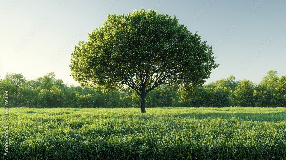 Fototapeta premium Solitary Tree in a Verdant Meadow: A Serene Landscape