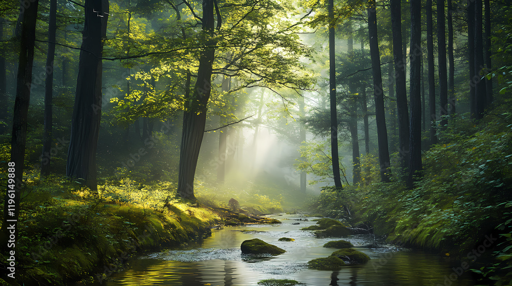 Obraz premium Forest in a misty grove, with the sounds of running water and chirping birds, created with generative ai. Shadowsong. Illustration