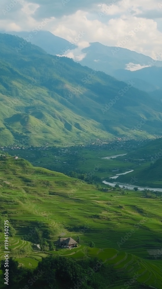 Serene mountain valley landscape with terraced fields and river. Serene mountain valley landscape with terraced fields and river.