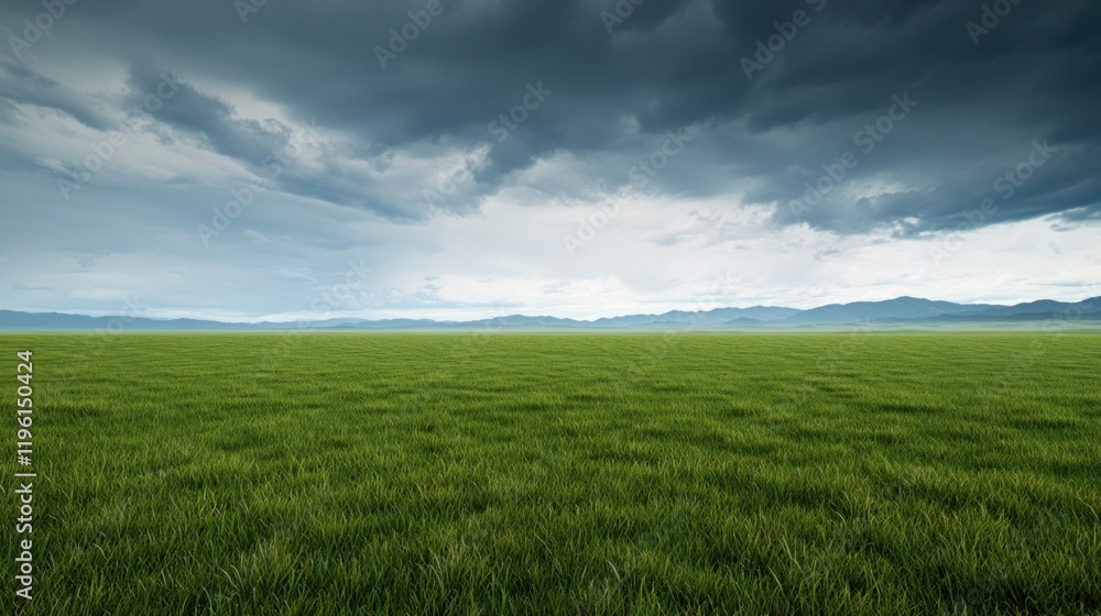 Expansive green field under a dramatic sky with distant mountains. Expansive green field under a dramatic sky with distant mountains.