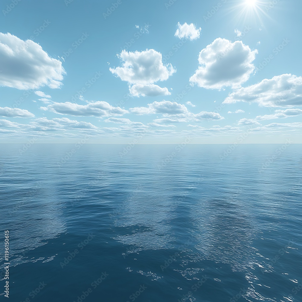 Obraz premium Sunny day, calm ocean, blue sky, white clouds.