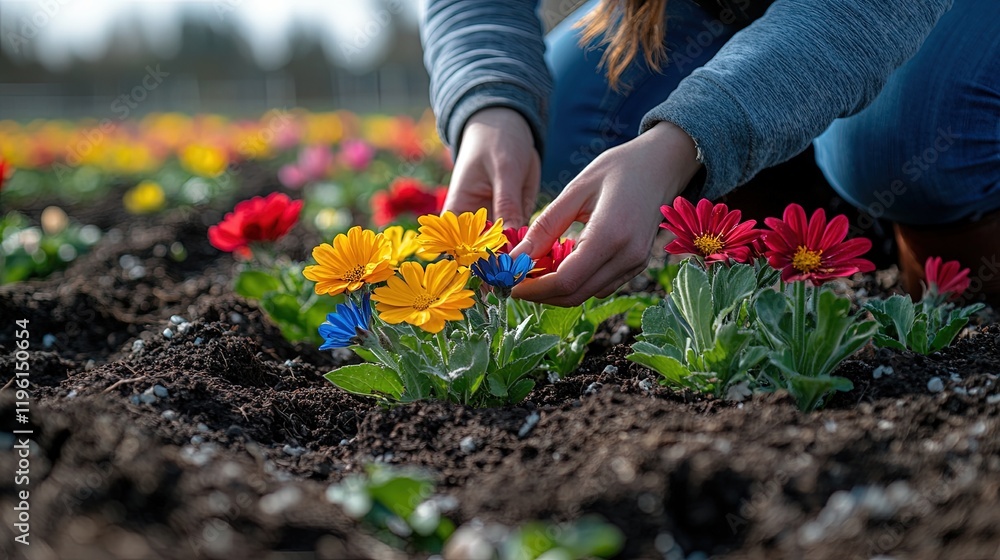 Fototapeta premium A person tending to colorful flowers in a garden, showcasing gardening and nature appreciation.