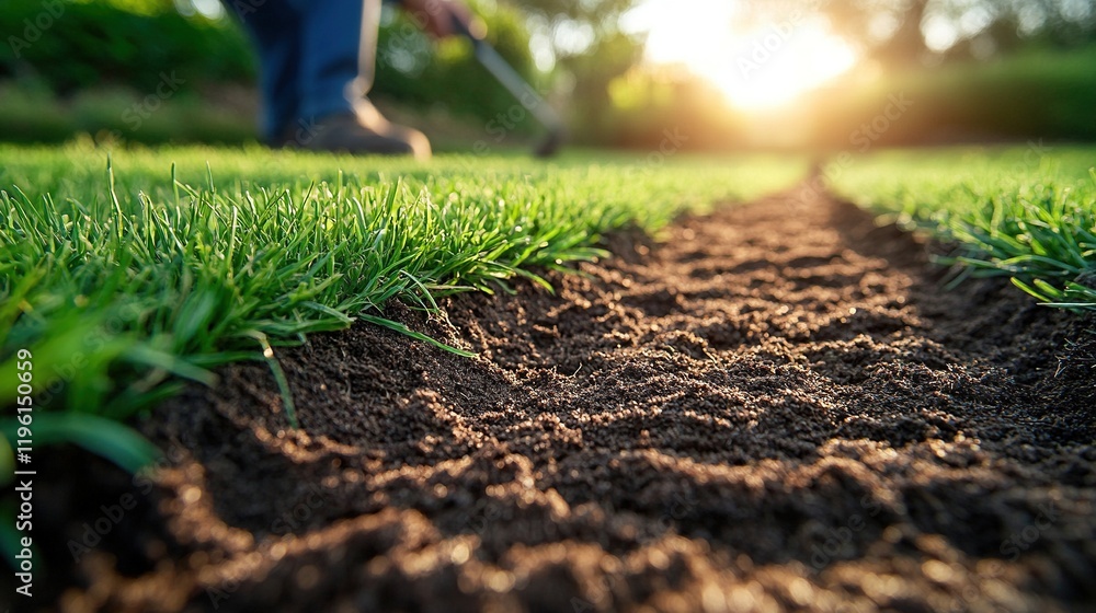 A close-up view of freshly turned soil in a lawn, with a person working in the background during sunset. A close-up view of freshly turned soil in a lawn, with a person working in the background during sunset.