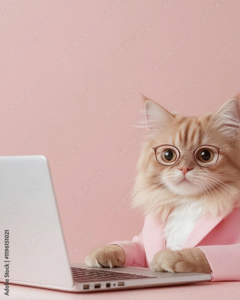 Cat wearing a tailored business suit and glasses, typing on a laptop at a desk, professional and amusing. Cat wearing a tailored business suit and glasses, typing on a laptop at a desk, professional and amusing.