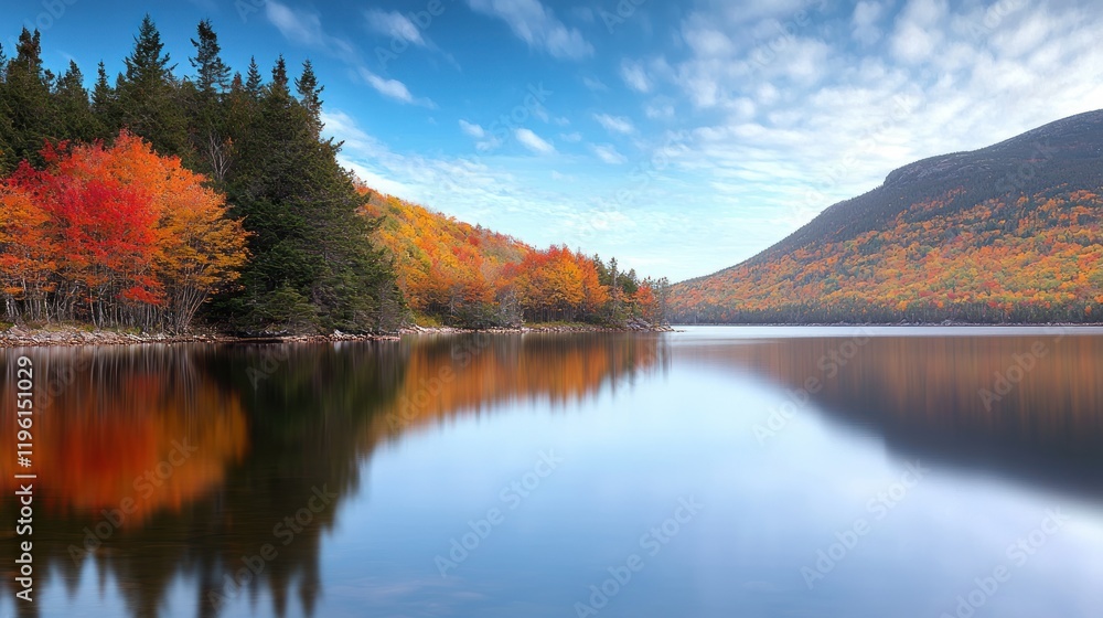 Serene lake surrounded by vibrant autumn foliage and mountains. Serene lake surrounded by vibrant autumn foliage and mountains.