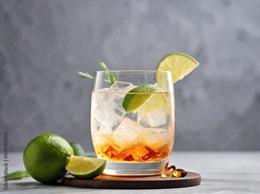 Fototapeta premium A clean, modern glass holds a Dawa cocktail with a vibrant amber hue