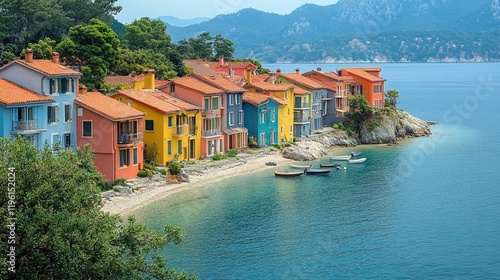 A picturesque seaside village with colorful houses along the shore, surrounded by mountains and calm waters.