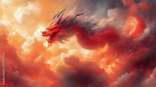 Fiery Red Dragon Soaring Through Dramatic Clouds photo