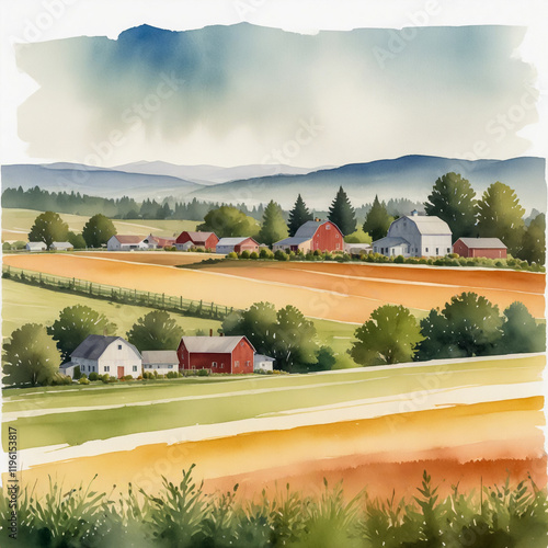 Watercolor illustration of Hillsboro, Oregon, capturing its agricultural roots and suburban charm. photo